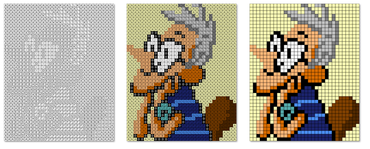 Pixel art de Zangeman en trois grilles la grille vierge d'abord la grille colorée avec des lettres ensuite et enfin la grille colorée sans lettre