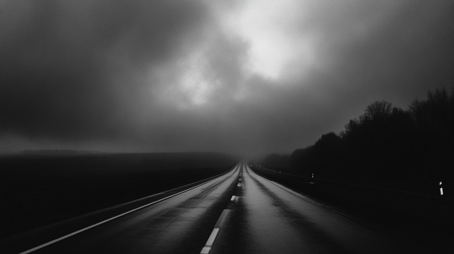 Trajet Sans Fin.
Photographie en noir et blanc d’une route vide s’étendant sous un ciel orageux et menaçant.
Black and white photograph of an empty road stretching beneath a stormy, ominous sky.