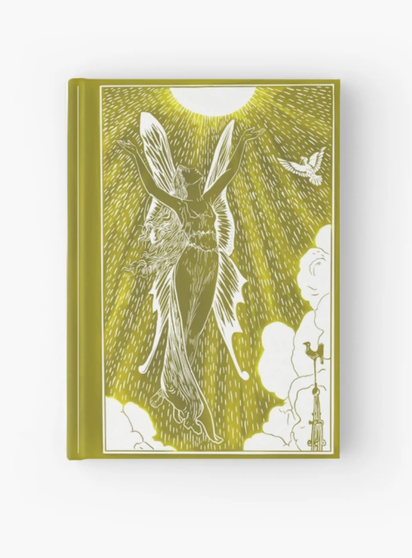 Yellow Book cover, A fairy looking up at the sun, arms spread open up towards it.