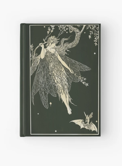 Olive green book cover. A fairy holding on to a branch offering an olive branch to another fairy flying in on a bat.