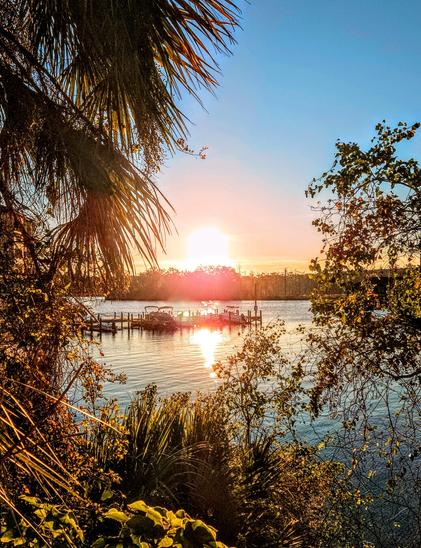 View looking through a window-like opening between green leafy trees and tropical plants, out over a waterway with a small private marina and a bright sunrise at the horizon over the far shoreline. Casting a halo of colors in the blue sky above and brilliant reflections upon the calm water below.