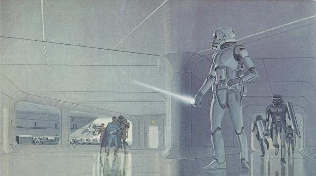 Star Wars concept painting of stormtrooper with light saber looking at group of rebels while more stormtroopers with shields are coming