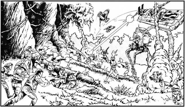 Allan Nunis b/w artwork of battle between rebels and imperials