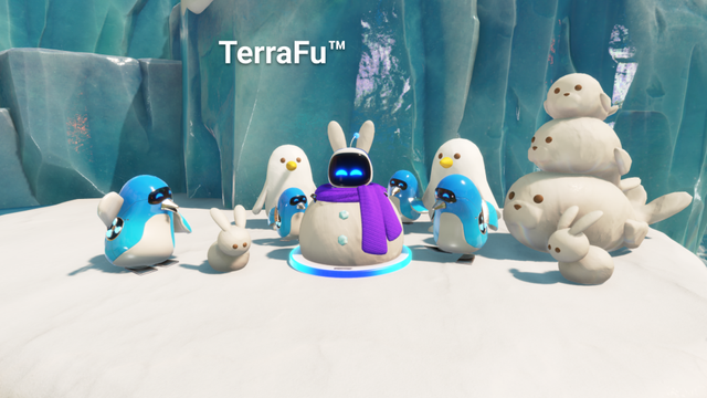 Image du robot d'Astrobot dans un décor de neige avec pleins de personnages mignons.
Le terme "TerraFu" est affiché sur le slide.