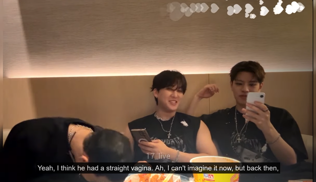Hyunjin, Changbin, and Seungmin during a livestream. Hyunjin's doubled over laughing at something. Caption: "Yeah, I think he had a straight vagina. Ah, I can't imagine it now, but back then,"