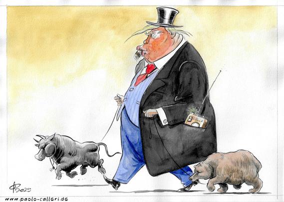 Karikatur. Trump mit Zigarrenstumpen im Mund trägt Zylinder und führt einen kleinen Stier und einen kleinen Bären angeleint Gassi. Aus seiner Manteltasche ragt ein Gerät mit Antenne. Das Gerät trägt die Aufschrift "Zölle".