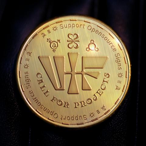 A golden coin featuring the VTF logo, alchemist sigils and the "Call for Project" mention.