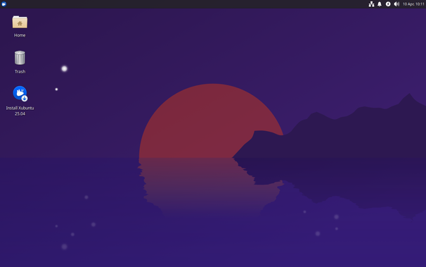 A screenshot of Xubuntu 25.04, the next release that is due on April 17, 2025. The new wallpaper features a deep purple skyline with a red setting sun, sitting atop a vast body of water. An island landscape is seen in the distance, partially blocking the sunset.