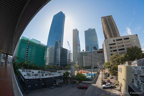 A fisheye view of Miami high risers from the train station