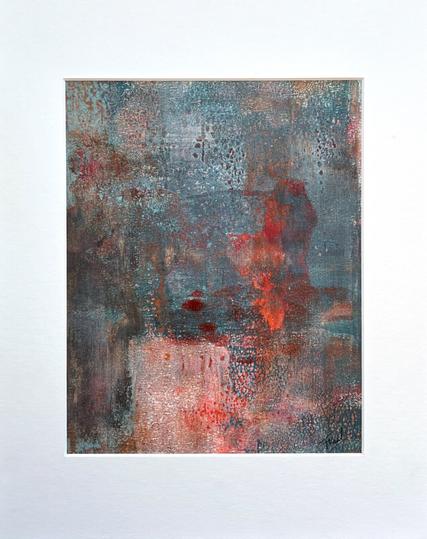 Abstract Monoprint painting called ‘nightfall’ made by mixed media artist Françoise Vaal. The work has light pink, red and teal hues.