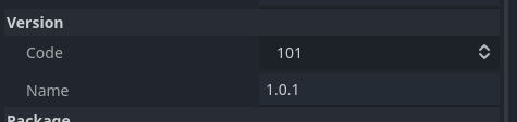 Screenshot of Godot's Android Export options showing Version Code as 101 and Version Name as 1.0.1.