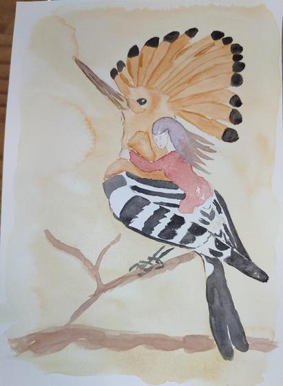Aquarelle d'une huppe fasciée avec une lutin couchée dessus