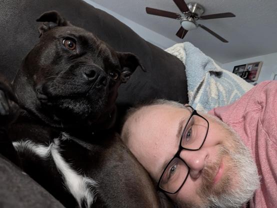 Selfie with Pepper (black lab / staffy mix) and I