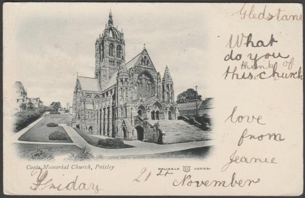 Printed monochrome postcard showing a vignette view of Coats Memorial Church at Paisley in Renfrewshire.

Published by William Ritchie & Sons Ltd, Edinburgh, Reliable Series, not numbered, undivided back.

Postally used on 21 November 1902 with small double circle Bishopston cancellation on green halfpenny stamp and sent to Miss MacBride, Reverend J B Wylie, Glenburn, Holywood, Co Down.

Fairly good condition, with slight corner bumps, but crease to top left corner.