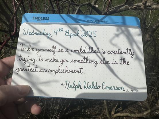 A pen quote of Ralph Waldo Emerson that reads, “To be yourself in a world that is constantly trying to make you something else is the greatest accomplishment.”

Written using Pelikan Edelstein Aquamarine, Pilot Iroshizuku Syun-Gyo & Dominant Industry Chicken in the Sky with Diamonds.