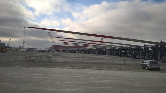 Very long wings for wind turbines stored at Port of Esbjerg.