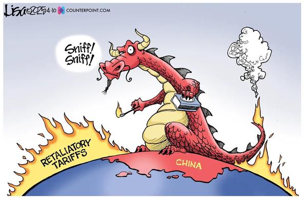 A cartoon depicting a red dragon representing China, holding a book and a flaming torch, standing on a globe marked "China." The dragon is sniffing the air while standing amid flames labeled "RETAILIATORY TARIFFS."