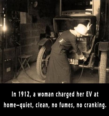 1912: A woman plugs in her car. The future was supposed to be electric.

In this photo from over a century ago, a woman in a long dress charges her electric vehicle—not at a gas station, but inside her garage. No fumes. No engine to crank. No noise. Just quiet convenience.

Because in 1912, electric cars weren’t the future.
They were already here.

At the turn of the 20th century, electric vehicles dominated city streets. They were clean, silent, and easy to operate—especially compared to gas cars, which required hand-cranking and emitted smoke. Women especially loved EVs for their safety and simplicity. Cities preferred them for their cleanliness. And even Thomas Edison believed they were the way forward.

So what went wrong?

Three things killed the early EV revolution:

🔹 Texas struck oil.
Gasoline became cheap overnight, while electricity was still rare in rural areas.

🔹 Ford’s assembly line.
In 1908, the Model T arrived at less than half the cost of an electric car. Suddenly, EVs were labeled “toys for the rich.”

🔹 The rise of road trips.
Americans fell in love with long-distance travel. EVs of the time topped out at 40 miles per charge. Gas cars could roam freely.

By 1935, electric cars had disappeared.

Fast-forward to today, and EVs are back—with a twist.

⚡ No emissions (like 1912).
⚡ Quiet operation (like 1912).
⚡ Home charging (like 1912).

We didn’t invent the future—we circled back to it.

That woman in her garage wasn’t just charging a car. She was decades ah