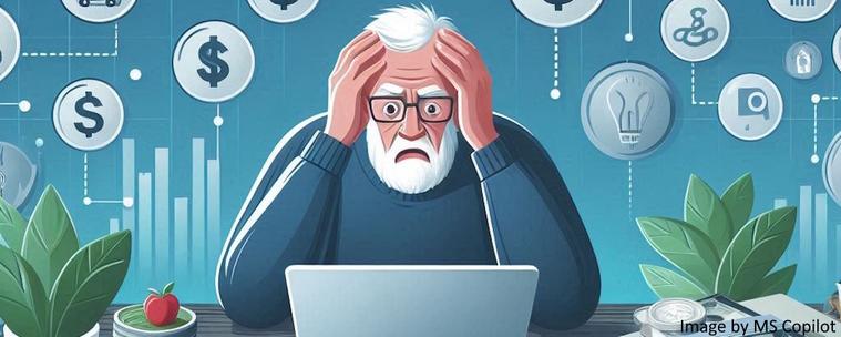 A retiree with a stressed look on his face as he stares at his laptop and sees the state of his investment accounts.