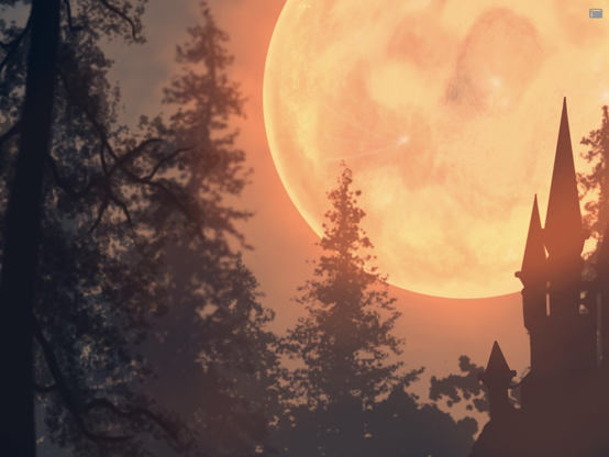 The image is a small snippet of a larger coloured digital background illustration of a forest scene. A large red and yellow blood moon peppered with dark red craters and brilliant white impact spots. It is haloed by an eerie red haze. An ominous dark castle type structure juts off the far right side of the image, the base surrounded and hidden by trees a nd foliage, while turrets point upward, silhouetted in-front the large blood moon. To the centre and left of the castle is a series of trees, the ones far off in the background are lighter in their bluish colour and slightly blurry. While the foreground trees are a deep dark blue, the details of individual branches are seen as well as the speckling of leaves.