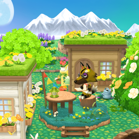 Screenshot aus Animal Crossing PocketCamp. Wolfgang sitzt lesend an einem Holztisch auf einem Baumstamm. Diese gemütliche Leseecke befindet sich auf einer kleinen Erhöhung und ist mit bunten Wimpeln und einer Laterne dekoriert.
Im Hintergrund ragt ein Gebirge mit schneebedeckten Gipfeln über die Holzhäuser des Campingplatzes. Die Häuser, eines heller als das andere, besitzen flache, begrünte Dächer, auf denen Löwenzahn wächst. Generell ist es rundherum grün und frühlingshaft am blühen.