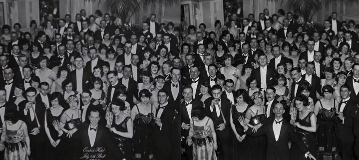 The black and white photo show in the final scene of The Shining, and the original photo, showing a then famous dancer in the spot when Nicholson was pasted in.