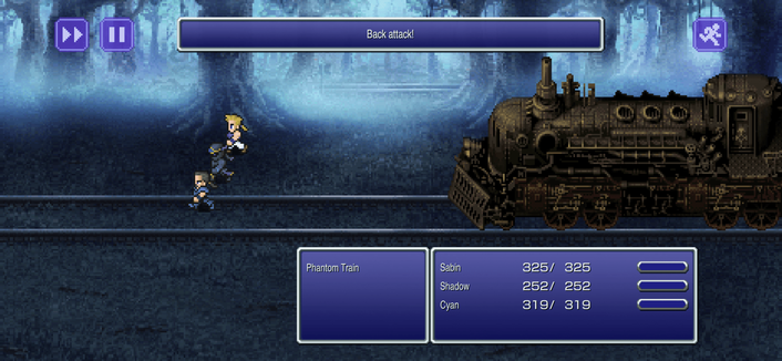 A top-down view of a pixel art scene from the game FINAL FANTASY VI. The main character stands on a rocky shore with a large, rusted steam train in the background. Both characters are wearing armor and are equipped with weapons. There is a health bar at the bottom right showing 75 health remaining.