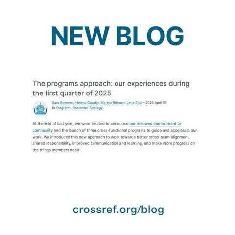 Screenshot of first paragraph of blog with the words "New Blog" and crossref.org/blog