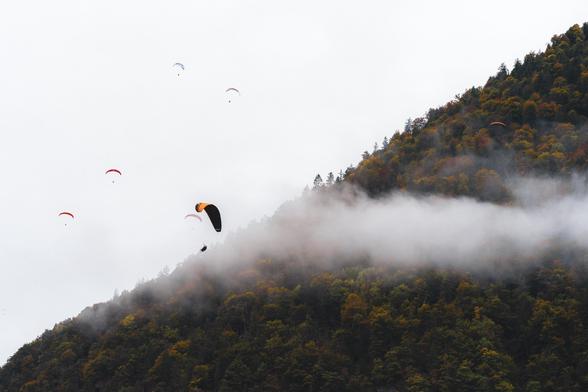 The image shows several paragliders flying above a forested mountain on a cloudy day. The hill is partially covered in mist or low-lying clouds, creating a scenic backdrop for the paragliders, who are scattered across the sky with colorful parachutes.