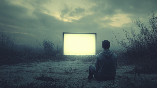Signal Vide.
Scène surréaliste d’un homme assis seul devant un écran lumineux dans un paysage désertique au crépuscule.
Surreal scene of a man sitting alone before a glowing screen in a barren twilight landscape.