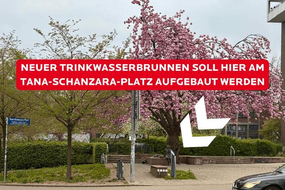 Sharepic: Neuer Trinkwasserbrunnen im Bochumer Ehrenfeld (am Tana-Schanzara-Platz)