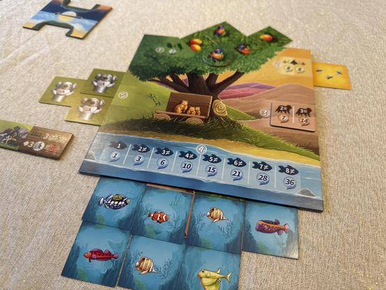 Under the Mango tree at the end of the game. Lots of fish and mangos/lorries, not a lot of bees, no animals, and all the trash was cleared.