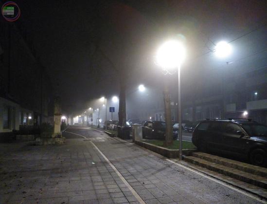 Städtische Straße mit Geh- und Radweg, Bäumen, Pflasterung, nachts im Nebel