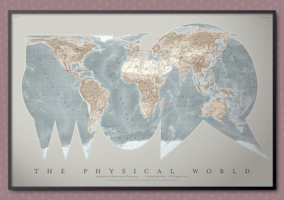 A world map, in a strange-looking, highly interrupted projection. The water is a grey blue and varies in lightness by depth. The land is mainly tan/brown, with some variations in lightness. The projection has various bulbous and/or spiky protrustions. The title at the bottom "The Physical World" can be read. The map is in a simulated black frame, on a subtly textured background.