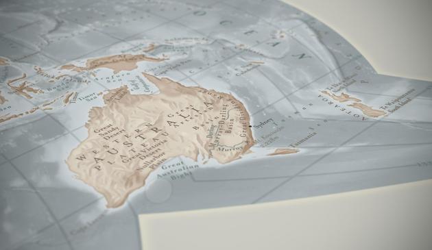 A detailed view of part of the map, from a low angle. Australia and New Zealand are the focus. The projection changes suddenly along the parallel that passes through North Island. Sharp angles can be seen in the graticule.