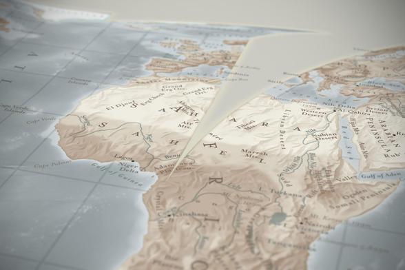 A detailed view of part of the map, from a low angle. The focus is on the northern two-thirds of Africa. Along the Prime Meridian, there is a major interruption cutting Europe in half, also going through parts of north Africa.