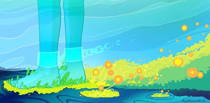 Digital illustration. It’s a landscape composition, featuring a pair of legs from the knees down in the foreground. There’s vegetation growing from beneath the feet where they touch the ground and a couple of shackles around the ankles. The chains from those shackles are disintegrating.