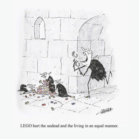 A cartoon illustration of a vampire parent painfully stepping on a piece of lego while his vampire children play. Caption reads "LEGO hurt the undead and the living in an equal manner."