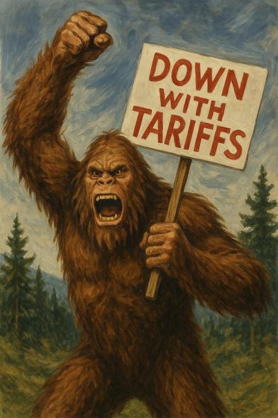 Bigfoot holding a down with tariffs sign
