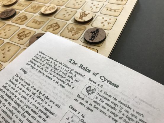 Image of a board game called Cyvasse. It’s mentioned in the Game of Thrones books. You can see bits of board, some pieces and the rules.