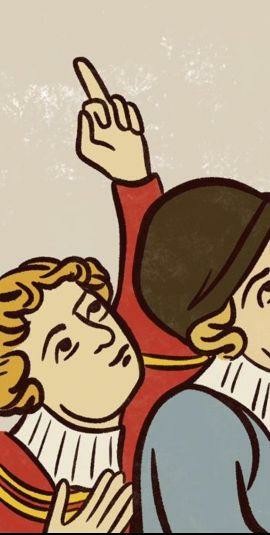 A close⁻up of the peasant on the left, who is looking up to the leading traffic gone guy and sticking a middle finger up in the air.