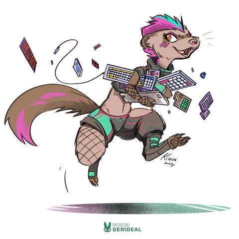 A ferret in a cyberpunk get up running, carrying a bunch of keyboards.