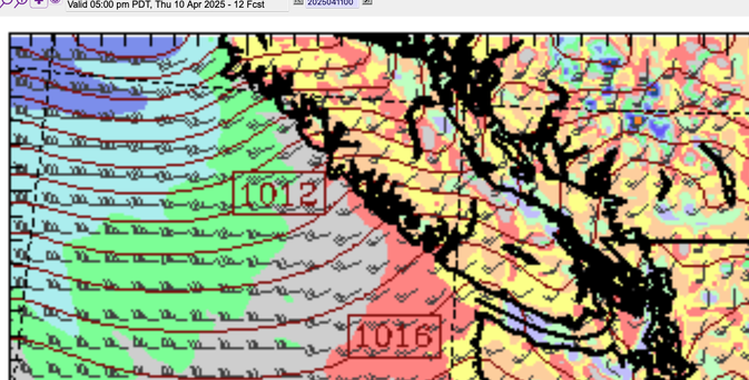 A screenshot from the weather model shows strong southwesterly to westerly winds associated with a low north of the island.