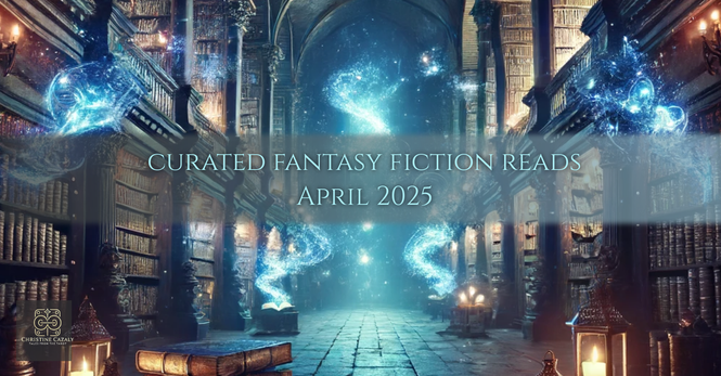 A mystical library with floating, glowing nebula or jellyfish like energy creatures is packed with books on either side of a stone floor. The title reads: Curated Fantasy Fiction Reads
April 2025