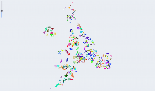 A hex cartogram of UK wards. Wards within each local authority are grouped together. There are gaps between local authorities. Scotland, Northern Ireland, Wales, the North East, North West, Yorkshire, East Midlands, West Midlands, East of England and South West are all arranged. The South East and London are missing.