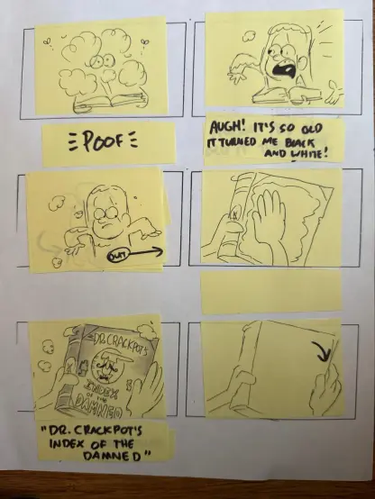 Boceto de varios post-it haciendo una escenografía con Mabel llenándose de polvo al abrir un libro muy viejo.