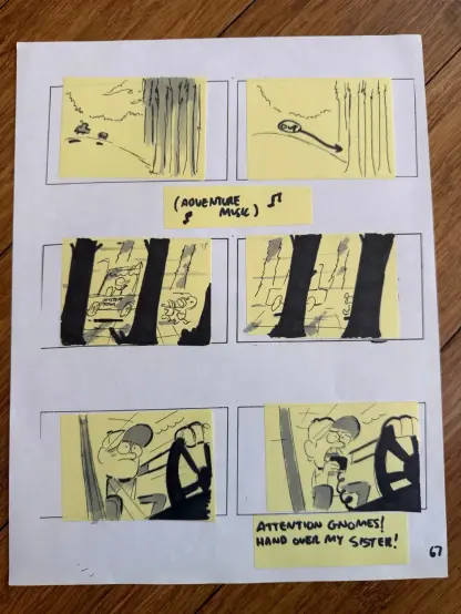 Boceto de varios post-it haciendo una escenografía donde Dipper conduce un carrito de golf entre el bosque.