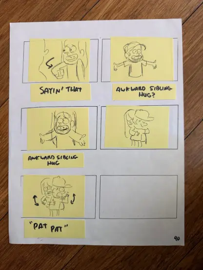 Boceto de varios post-it haciendo una escenografía cuando Mabel y Dipper se dan el abrazo extraño entre hermanos haciendo "pat pat" porque no saben quererse físicamente tras una pelea.