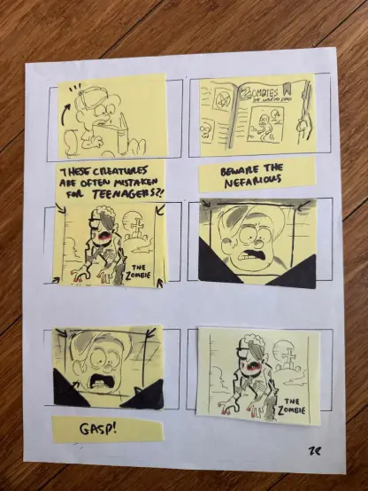 Boceto de varios post-it haciendo una escenografía donde Dipper lee sobre los zombies que pueden ser confundidos como adolescentes.