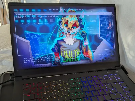 Photo of my laptop, showing a GRUB boot screen featuring furry artwork of Xenia, the alternative Linux mascot, as an anthropomorphic fox wearing headphones, a Linux t-shirt, and a trans pride wristband, with various blue glowing terminals floating in the background. My own laptop also has a rainbow-colored keyboard backlight.